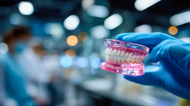 Dental teeth model held in a gloved hand inside a modern dental clinic