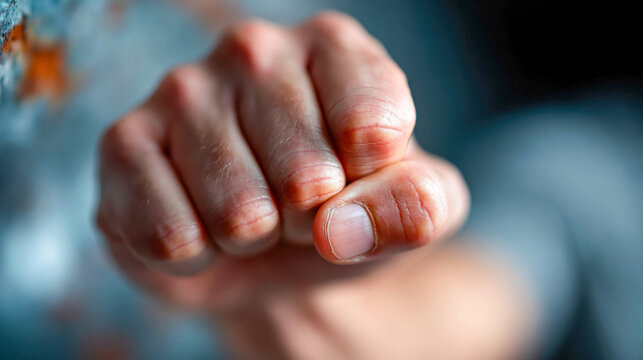 Clenched human fist in close-up, symbol of power, anger, resistance, protest and determination with soft blurred background