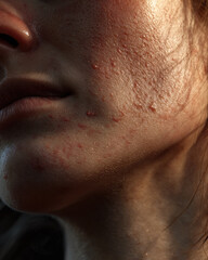 Naklejka premium Acne jawline chin close up skin face blemish pore redness texture Acne jawline and chin close up of skin with blemish redness and visible pores highlighting facial texture and natural imperfection