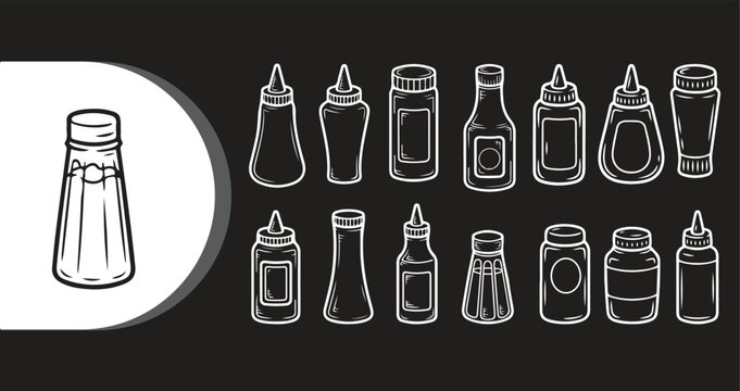 A collection of various condiment bottles and a single highlighted bottle on a black background