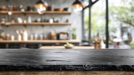 Fototapeta premium Empty black marble countertop on wooden table in blurred modern kitchen cafe background for product display mockup