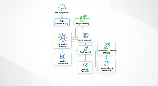 Abstract flowchart illustrating the complex stages of artificial intelligence model development and deployment.