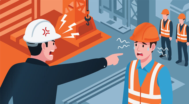 Over-Shoulder View of Foreman Publicly Humiliating Construction Worker in Front of Coworkers
