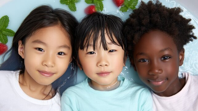 Three children lying in milk bath with fruit garnish