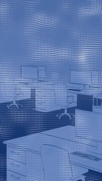 Vertical video: Blue dot overlay holding then fading by end, revealing line-drawn desks for layout