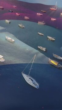 Vertical video: Tilted camera sending color bands across bay white sailboat bobbing revealing water