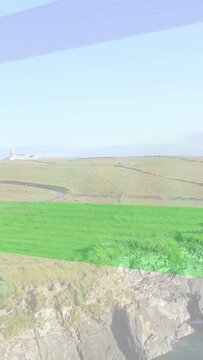 Vertical video: Recording starting, camera panning right and tilting, cliff plateau showing horizon