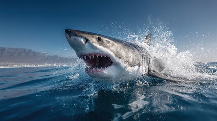 Naklejka premium Great white shark leaping out of the water with open jaws