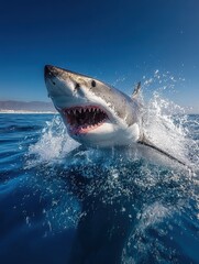 Naklejka premium Great white shark leaping out of the water with open jaws