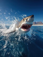 Fototapeta premium Great white shark leaping out of the water with open jaws
