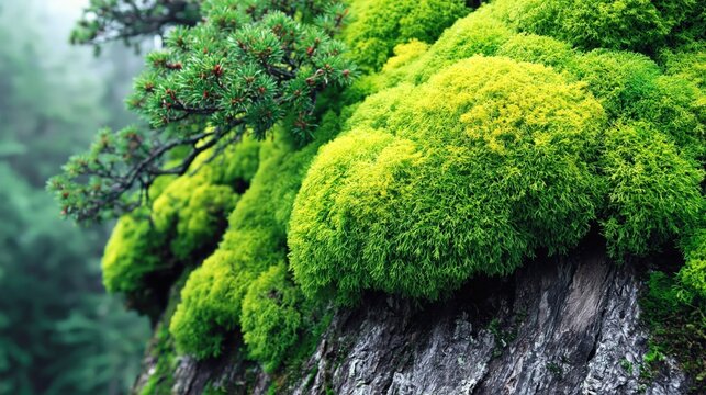 Moss covered rock with pine branch in misty forest