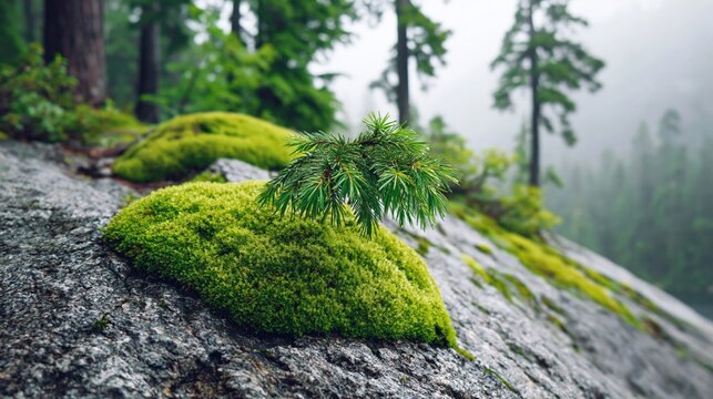 Pine seedling growing on mossy rock in misty mountain forest