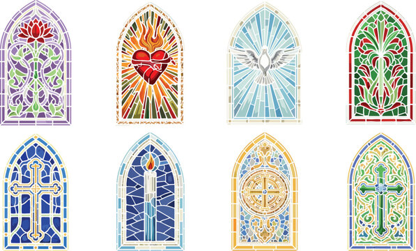 Stained glass church window collection with religious cross dove and sacred decorative designs vector illustration