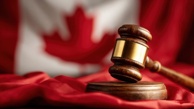 Wooden Judge Gavel and Sound Block on Red Surface with Canadian Flag Background, Legal System and Justice in Canada Concept