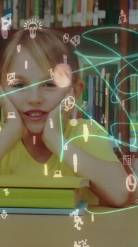 Vertical video: Girl leaning at library desk cupping face, camera zooming while icons sweeping face