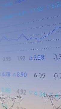 Vertical video: Clear data chart tilting down, revealing pylons as line climbs showing energy trend