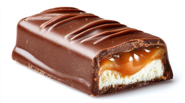 Delicious chocolate bar with caramel and nougat filling isolated on white background