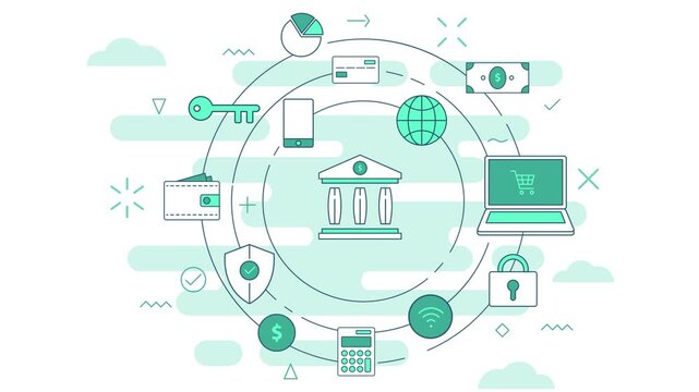 Abstract financial infographic showing bank building surrounded by icons of money technology and secure banking