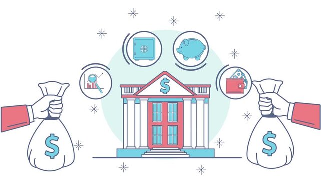 Flat vector illustration of a bank building with money bags and financial investment banking icons