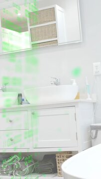 Vertical video: At start camera moving back from tub panning left up to reveal vanity sinks baskets