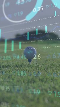 Vertical video: Golf ball remaining on tee while club retreating, HUD animating, showing shot data