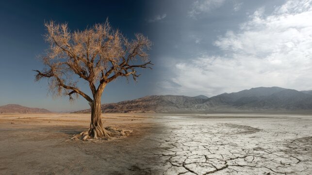 Dead tree in a dry cracked desert landscape representing climate change and drought