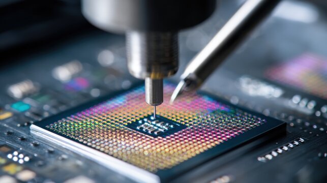 Macro close-up of a robotic probe testing a semiconductor microchip in a high-tech manufacturing facility