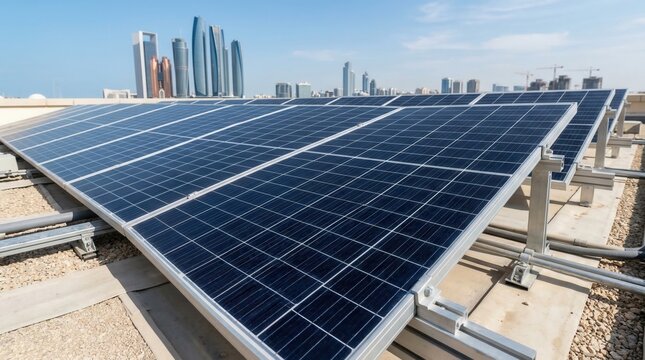 Solar panels on a rooftop with Abu Dhabi skyline. Renewable energy installation in a modern city.