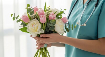 Nurse holding a bouquet of flowers in a bright room for International Nurses Day