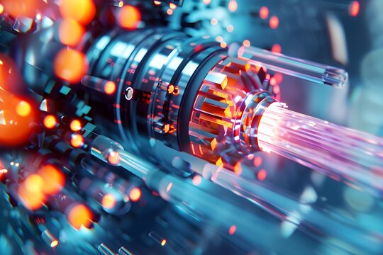 Detailed macro view of laser cooling system or particle accelerator component with glowing core.