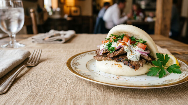 Greek Gyro Bao Bun Fusion Filled with Savory Meat and Fresh Herbs and Sauce sitting on the right side of the image on an elegant gold trimmed serving plate on an elegant tan tablecloth