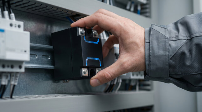 Engineer hand installing a black industrial contactor with blue glowing elements in a control cabinet.