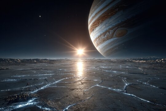 Jovian landscape with cracked ice and glowing sun