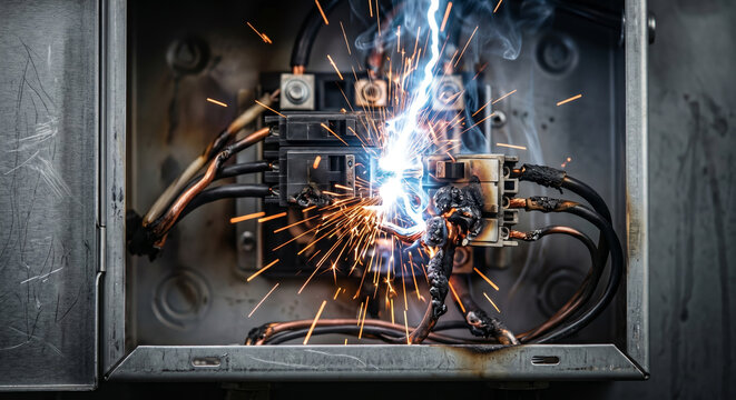 Electrical short circuit sparks fire and smoke in old fuse box dangerous system failure power outage danger.
