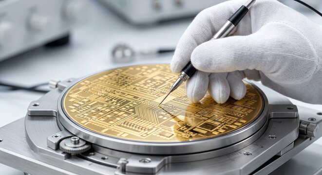 Engineer in white gloves carefully testing a microchip on a golden silicon wafer with a sharp tool.