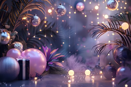 Glamorous christmas party background with pink ornaments, tropical plants, and warm string lights.