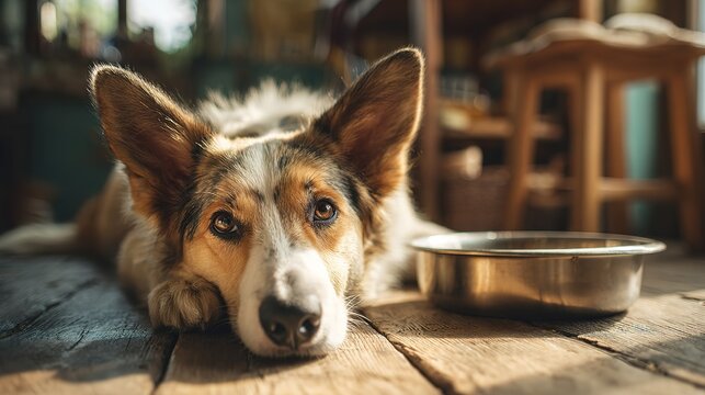 Happy dog lying on kitchen floor by food bowl, hungry pet waiting for meal