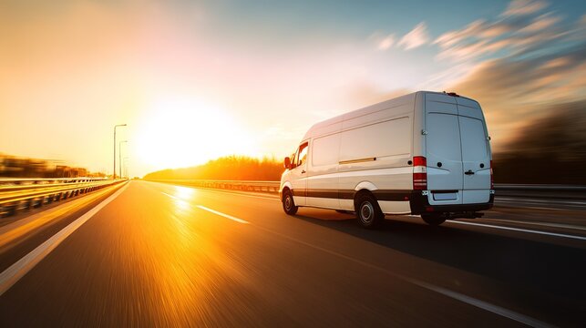A white van is driving down the street at speed with a blurred background in the color of a yellow sunset. Concept of cargo transportation, goods delivery