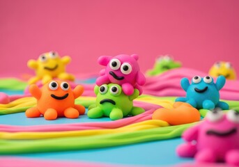 Fototapeta premium Colorful squishy creatures made of neon putty play in a bright clay landscape with swirling textures, big googly eyes, and floppy limbs, fantasy, funny, round