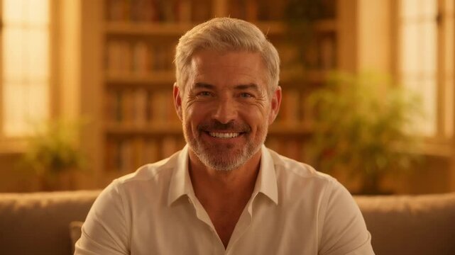 Confident mature man with gray hair smiling warmly while sitting on a beige sofa in a bright, modern living room with warm golden lighting.