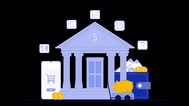 Flat vector animation illustrating modern online banking digital financial services and mobile e commerce payment transaction concepts