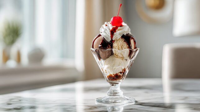 Decadent ice cream sundae with chocolate sauce, whipped cream, cherry on top. Classic dessert featuring multiple scoops of ice cream drizzled with rich chocolate sauce topped with fluffy whipped cream