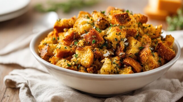 Homemade savory bread stuffing with fresh herbs and spices in a rustic bowl. A close-up view of a delicious homemade bread stuffing, seasoned with herbs and spices, served in white bowl on linen cloth