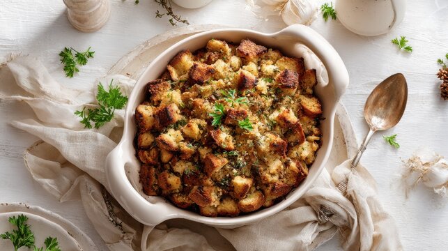 Homemade savory bread stuffing baked in a casserole dish with fresh herbs. A rustic, golden-brown bread stuffing, seasoned with herbs and baked to perfection in a ceramic dish, ready to be served
