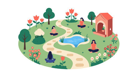 Fototapeta premium A serene garden illustration featuring people meditating in a peaceful outdoor setting