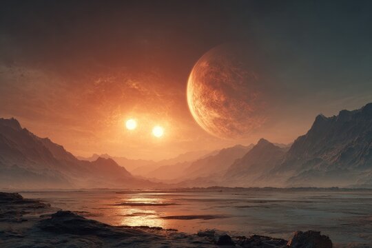Alien landscape with twin suns and large moon