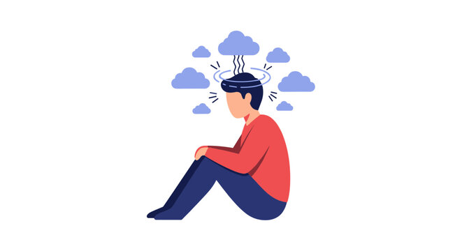 A cartoon man sits dejectedly with thought clouds around his head