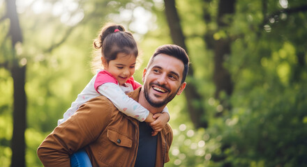 Fototapeta premium A joyful father carries his young daughter on his shoulders through a lush green forest creating a heartwarming family moment