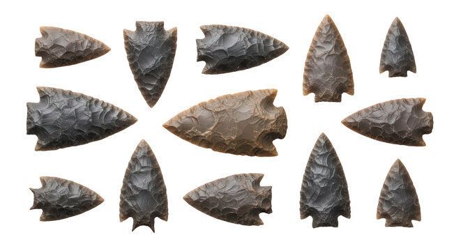 Ancient Stone Arrowheads Collection on Transparent Background, PNG