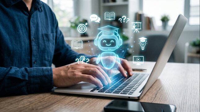 Person using laptop with AI education assistant hologram, online learning chatbot and digital tutoring concept.